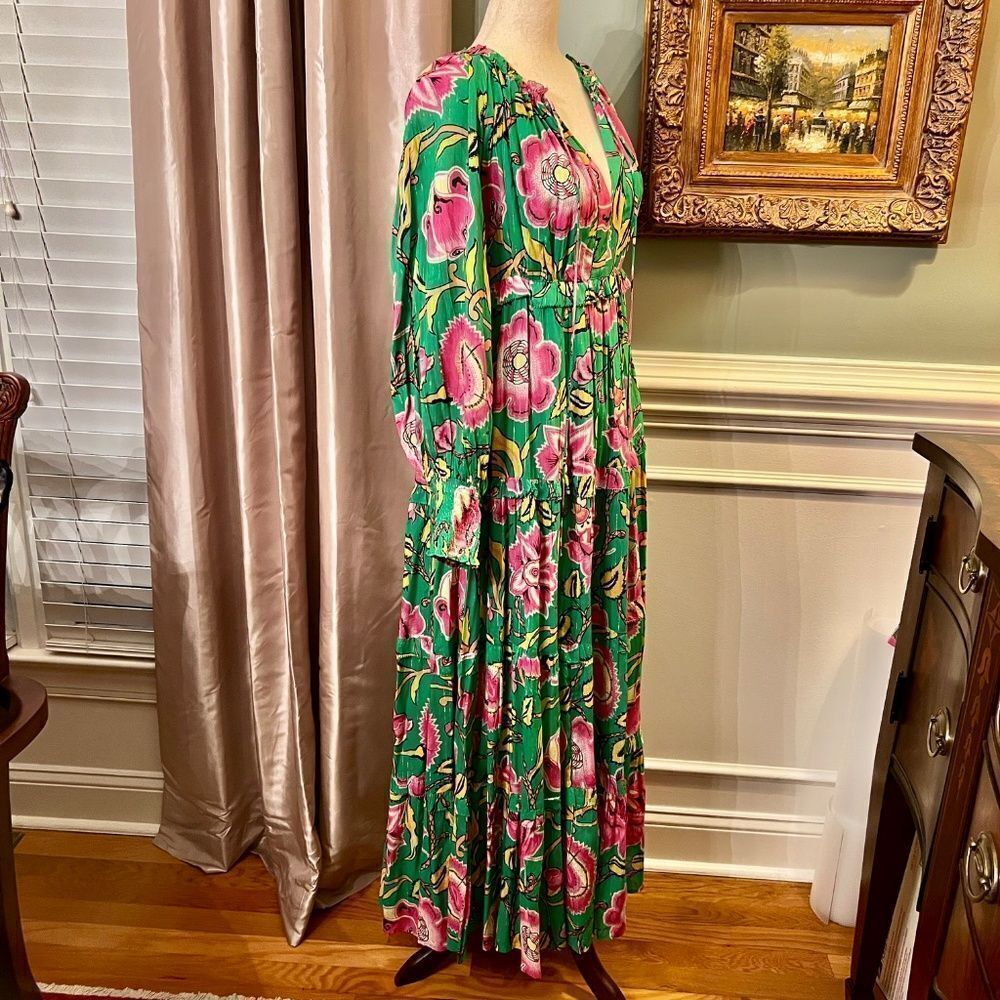 $345 Love the Label Tessa Green Pink Yellow Floral Tiered Maxi Dress Size SMALL - Picture 6 of 8